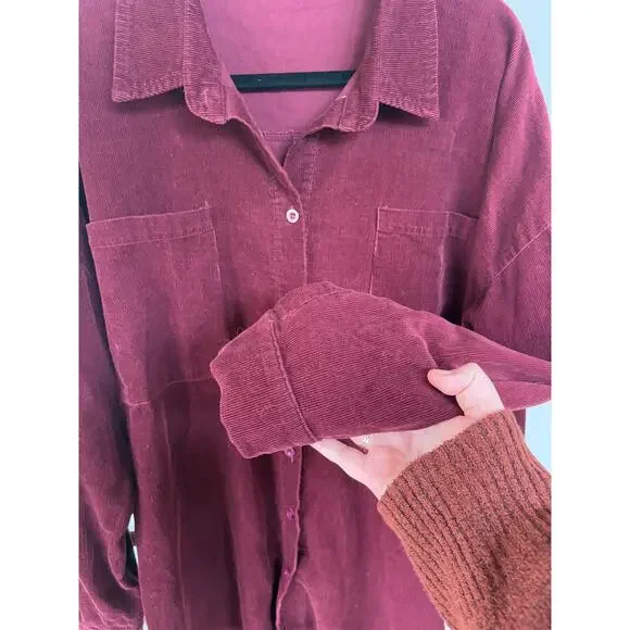 Corduroy Burgundy Velvety Shacket Raw Hem Alternative Grunge Barn Medium - Picture 6 of 9
